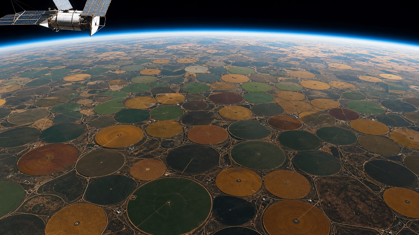 Oblique orbital view of circular irrigated fields with a satellite above Earth’s horizon