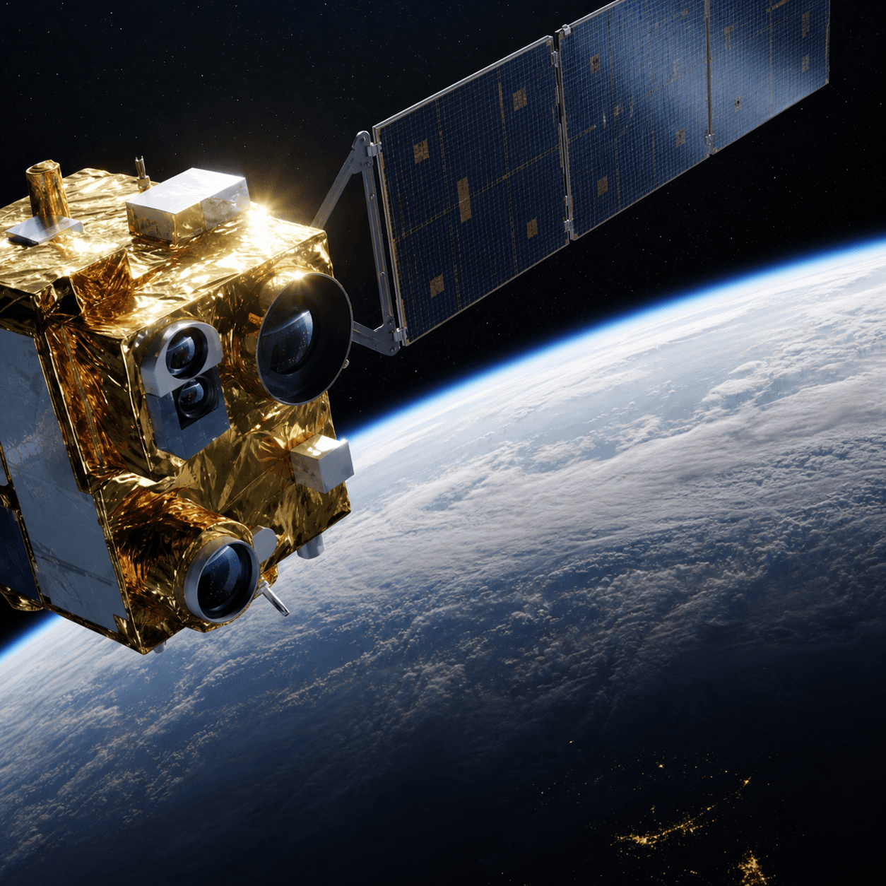 Earth-observation satellite orbiting above the planet with a gold instrument and a long blue solar array