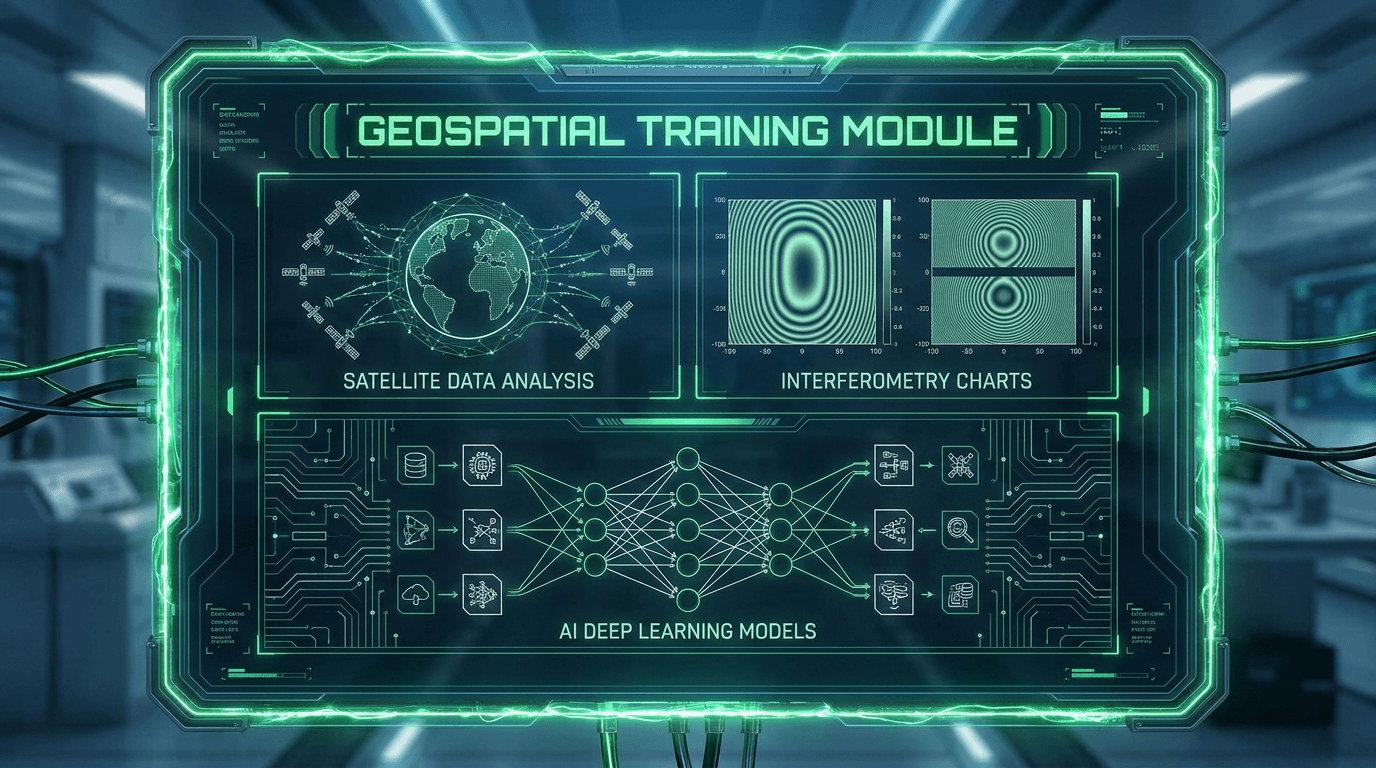 Geospatial training interface showing satellite data analysis, interferometry charts, and deep learning models